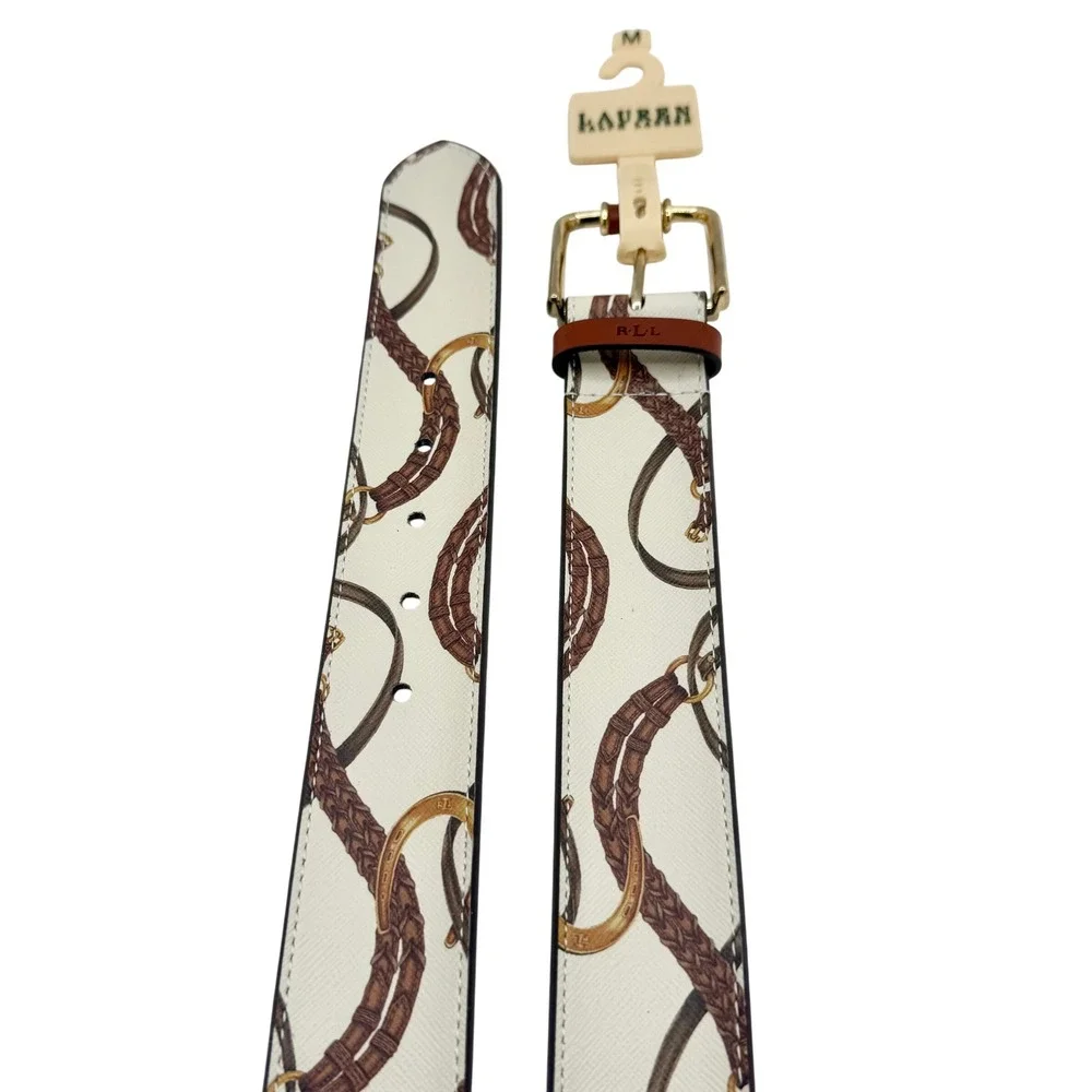 Lauren Ralph Lauren Belt Womens Medium Cream Equestrian Horsebit Print Gold